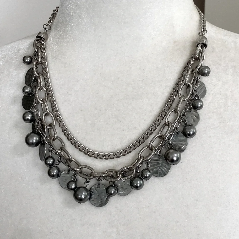 Silver Rocker Rebel Edgy Layered Bead Discs Coins Textured Chain Necklace